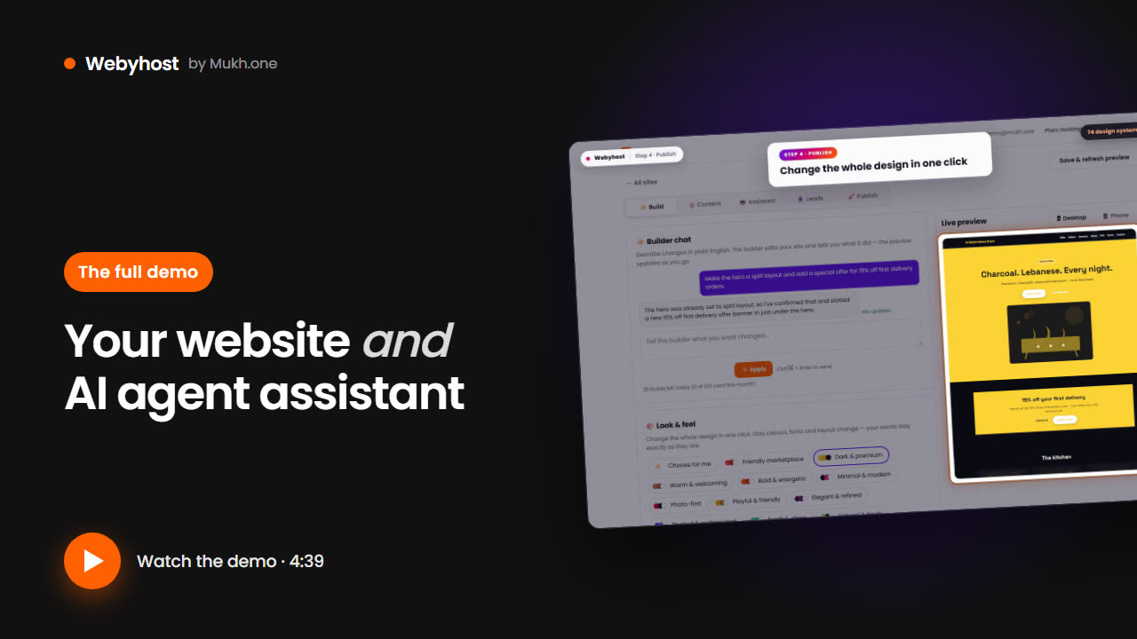 Watch the full Webyhost demo — a business described in one paragraph, built and published live